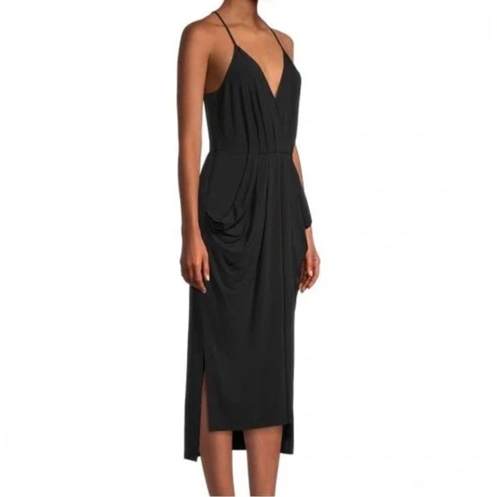 BCBGeneration black draped Della spaghetti strap halter keyhole midi dress